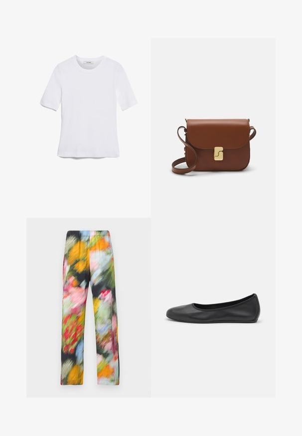 Bijela majica s kratkim rukavima izrađena od rebraste tkanine. Okrugli izrez, klasičan kroj i suptilni detalji šivanja. Bez uzoraka ili grafika.; Hlače lagane tkanine s cvjetnim uzorkom, s elastičnom trakom u struku, koje sadrže mješavinu živopisnih boja uključujući ružičastu, žutu, zelenu i plavu.; Crne kožne baletanke s zaobljenim vrhom, glatke teksture, minimalnim detaljima šavova i fleksibilnim dizajnom potplata.; Smeđa kožna torba s preklopom, zlatnim detaljima, remenom za nošenje preko ramena i glatkom teksturom. Kompaktni pravokutni oblik.