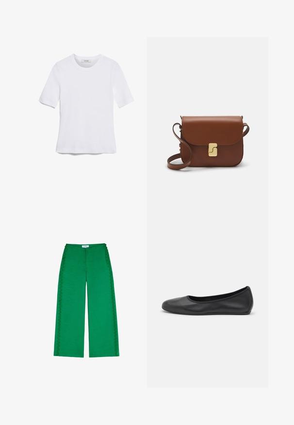 T-shirt bianca a maniche corte realizzata in tessuto a costine. Collo rotondo, vestibilità regolare e dettagli di cucitura sottili. Senza motivi o grafiche.; Pantaloni larghi verdi realizzati in tessuto testurizzato, con dettagli ondulati lungo le cuciture laterali e una vestibilità comoda.; Pantofole da balletto nere in pelle con punta arrotondata, texture liscia, dettagli di cucitura minimi e design con suola flessibile.; Borsa a tracolla in pelle marrone con chiusura a pattina, hardware color oro, tracolla e una finitura liscia. Forma rettangolare compatta.