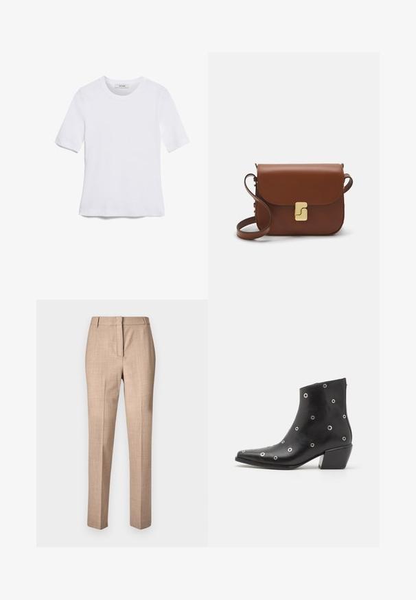 Bijela majica s kratkim rukavima izrađena od rebraste tkanine. Okrugli izrez, klasičan kroj i suptilni detalji šivanja. Bez uzoraka ili grafika.; Bež hlače krojenog kroja odlaganog materijala, s ravnim prednjim dijelom, suženim nogavicama i bez vidljivih ukrasa ili džepova.; Crne kožne gležnjače sa srebrnim detaljima u obliku rupica, šiljastim vrhom i blok petom. Elegantan dizajn s glatkom teksturom.; Smeđa kožna torba s preklopom, zlatnim detaljima, remenom za nošenje preko ramena i glatkom teksturom. Kompaktni pravokutni oblik.