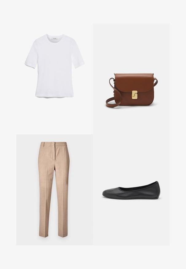 T-shirt blanc à manches courtes en tissu côtelé. Col rond, coupe régulière et détails de couture subtils. Aucune motif ni graphique.; Pantalons beige ajustés en tissu léger, avec un devant plat, des jambes fuselées, et sans embellissements ni poches visibles.; Ballerines en cuir noir avec un bout rond, texture lisse, détails de couture minimalistes et design de semelle flexible.; Sac à main en cuir marron avec une fermeture à rabat, des accents en métal doré, une bandoulière et une texture lisse. Forme rectangulaire compacte.