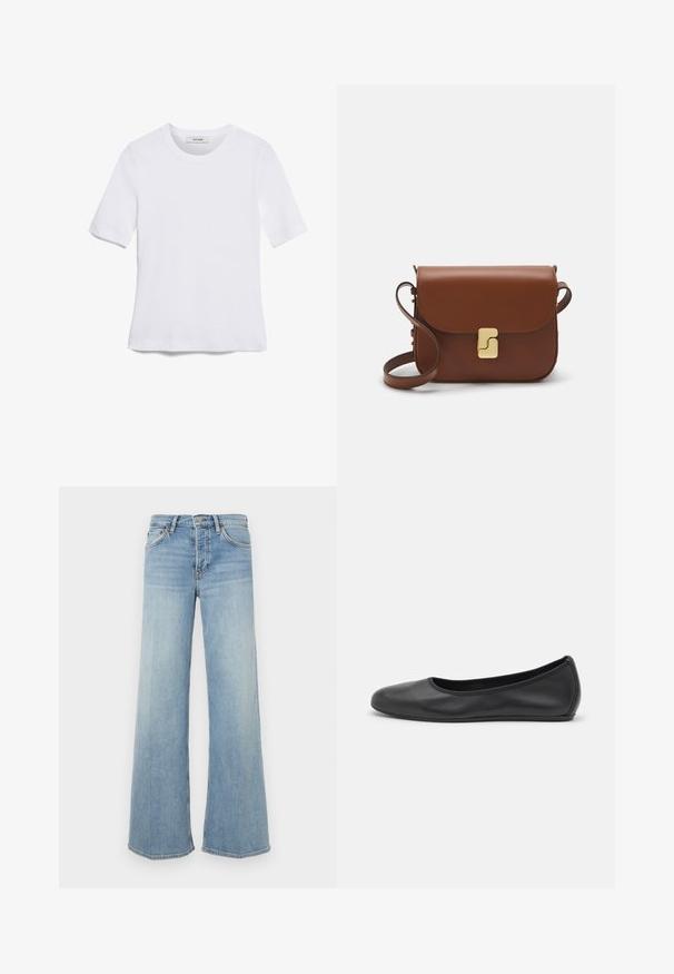 Balta īsām piedurknēm T-krekls, izgatavots no ribota auduma. Apaļš izgriezums, regulāra piegriezuma un diskrēti šuvumu detaļas. Bez printiem vai grafikām.; RE/DONE Džinsi ar platām starām - blue; Melna ādas baleta kurpe ar noapaļotu purngalu, gludu tekstūru, minimālu šuvju detalizāciju un elastīgu zoles dizainu.; Bordo ādas rokas soma ar atloku, zeltītām detaļām, plecu siksnu un gludu virsmu. Kompakta, taisnstūrveida forma.