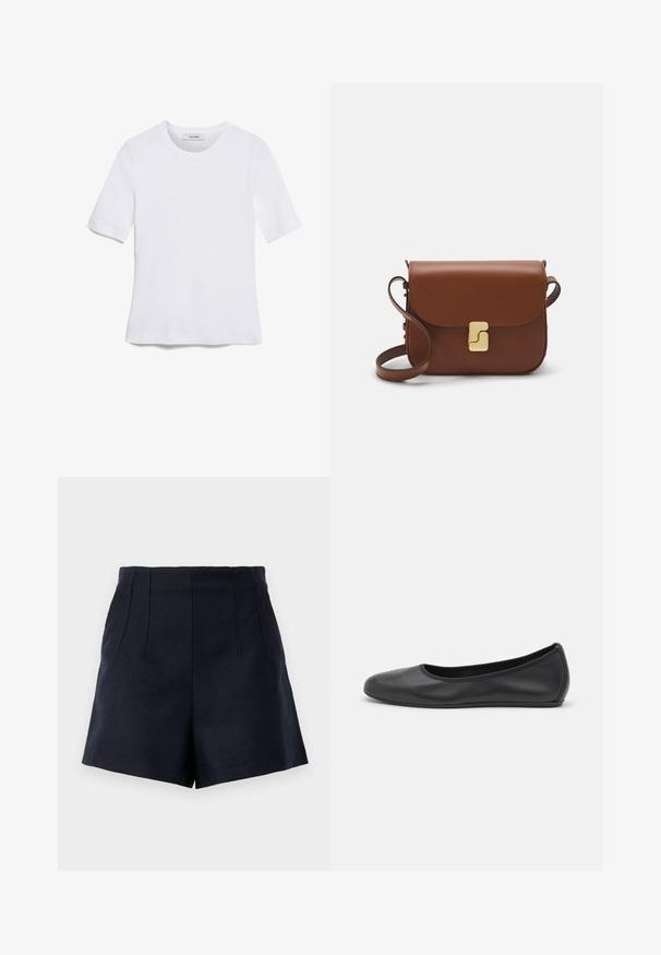 Weißes kurzärmliges T-Shirt aus geripptem Stoff. Runder Halsausschnitt, normale Passform und dezente Nähte. Keine Muster oder Grafiken.; Marineblaue Shorts mit maßgeschneidertem Design, zwei vorderen Falten, glatter Textur und geradem Schnitt in Oberschenkel-Länge.; Schwarze Leder-Ballettschuhe mit abgerundeter Spitze, glatter Textur, minimalen Nähdetails und einem flexiblen Sohlen-Design.; Braune Ledertasche mit Klappenverschluss, Beschlägen in Goldfarbe, einem Schultergurt und einer glatten Oberfläche. Kompakte rechteckige Form.