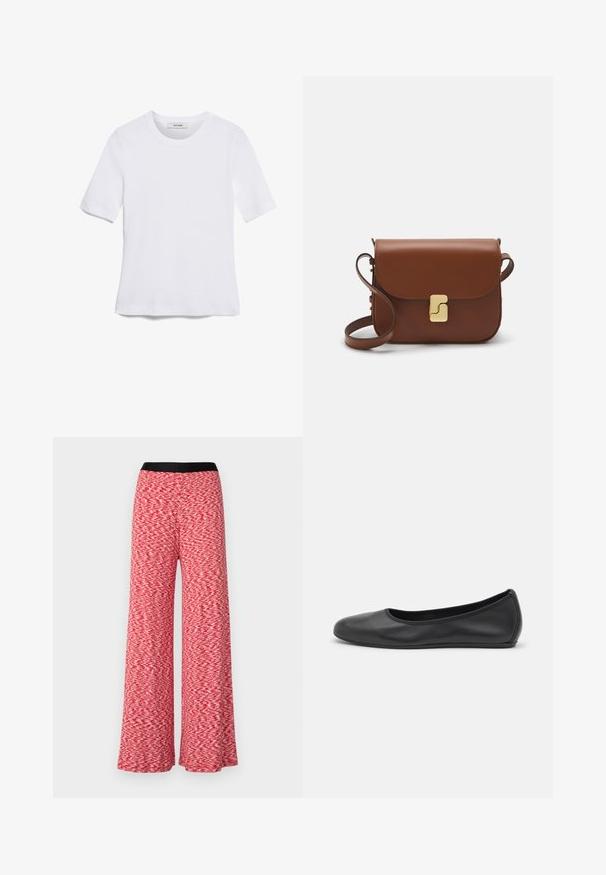 T-shirt bianca a maniche corte realizzata in tessuto a costine. Collo rotondo, vestibilità regolare e dettagli di cucitura sottili. Senza motivi o grafiche.; Pantaloni a gamba larga in un tessuto texturizzato rosso e bianco. Presentano una vita nera e un design fluente, adatti per un abbigliamento casual.; Pantofole da balletto nere in pelle con punta arrotondata, texture liscia, dettagli di cucitura minimi e design con suola flessibile.; Borsa a tracolla in pelle marrone con chiusura a pattina, hardware color oro, tracolla e una finitura liscia. Forma rettangolare compatta.