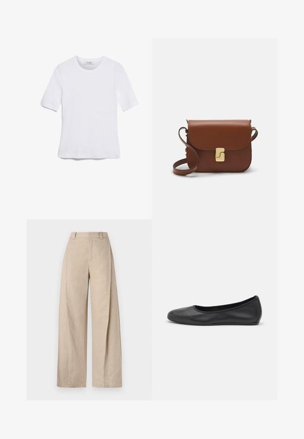 Tricou alb cu mânecă scurtă, confectionat dintr-un material texturat. Gât rotund, tăietură regulară și detalii subtile de cusătură. Fără modele sau grafice.; Pantaloni lejeri din in bej, cu talie înaltă, având o textură netedă și linii curate, concepuți pentru o potrivire relaxată.; Balerini din piele neagră, cu vârf rotund, textură netedă, detalii de cusătură minimale și un design al tălpii flexibil.; Geantă de piele maro cu închidere tip capac, accesorii de culoare aurie, curea de umăr și o textură netedă. Formă compactă și rectangulară.