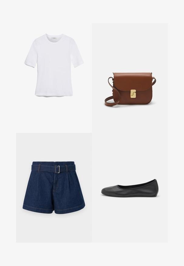 T-shirt de manga curta branca feita de tecido canelado. Decote redondo, ajuste regular e detalhes de costura subtis. Sem padrões ou gráficos.; Shorts de ganga azul escuro com um design plissado largo, um cinto com fivela de metal e detalhes de costura laranja visíveis.; Bailarina preta em pele com bico arredondado, textura suave, detalhe de costura minimalista e design de sola flexível.; Bolsa de couro castanho com fecho de aba, decoração em tom dourado, alça de ombro e textura suave. Formato retangular compacto.