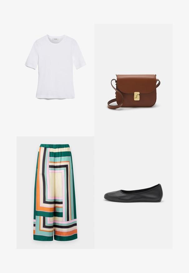 White short-sleeve t-shirt made of ribbed fabric. Round neckline, regular fit, and subtle stitching details. No patterns or graphics.; Wide-leg trousers in silk blend featuring a colorful geometric pattern with stripes in green, orange, pink, and black. Elastic waistband.; Black leather ballet flat with a rounded toe, smooth texture, minimal stitching detail, and a flexible sole design.; Brown leather handbag with a flap closure, gold-tone hardware, a shoulder strap, and a smooth texture. Compact rectangular shape.