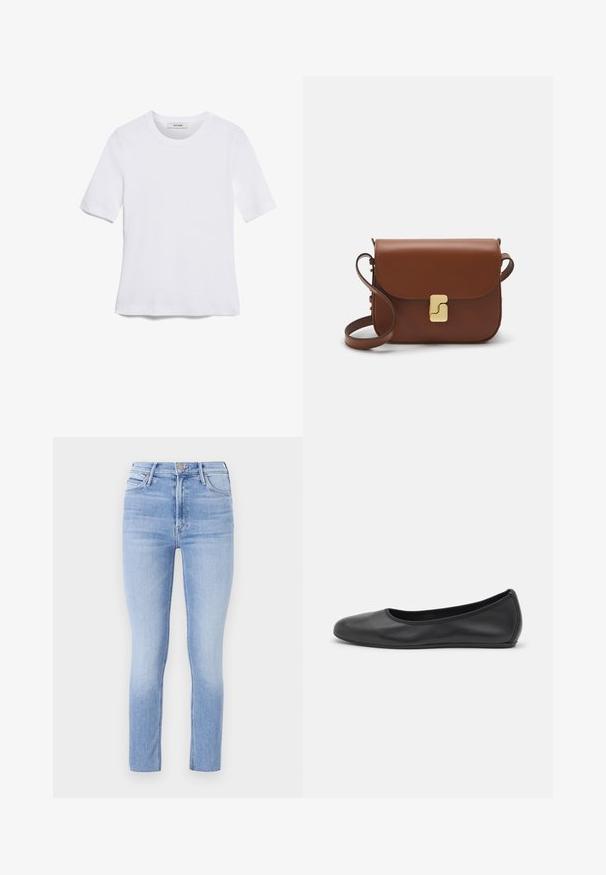 Bijela majica s kratkim rukavima izrađena od rebraste tkanine. Okrugli izrez, klasičan kroj i suptilni detalji šivanja. Bez uzoraka ili grafika.; Svijetloplave uske traperice izrađene od denima, s visokim strukom, dizajnom s pet džepova i blagim izblijeđivanjem sprijeda i straga.; Crne kožne baletanke s zaobljenim vrhom, glatke teksture, minimalnim detaljima šavova i fleksibilnim dizajnom potplata.; Smeđa kožna torba s preklopom, zlatnim detaljima, remenom za nošenje preko ramena i glatkom teksturom. Kompaktni pravokutni oblik.