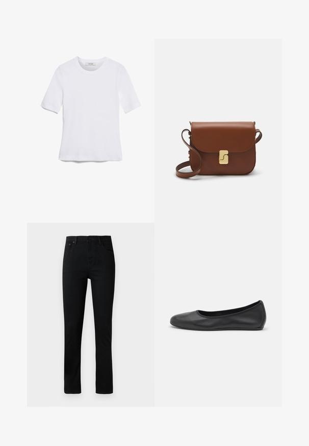 Balta trumpa rankovėmis marškinėliai, pagaminti iš pasiruošusio audinio. Apvali iškirptė, reguliari tinkamumas ir subtilūs siuvimo detalės. Be raštų ar grafikos.; Juodi džinsai su tiesiu kirpimu, turintys mygtukų užtrauktuką, penkias kišenes ir subtilius siuvinėjimo akcentus. Lygi tekstūra, klasikinis dizainas.; Juodai odiniai baletai su apvaliu pirštu, lygi texture, minimalus siuvimo detales ir lanksčiu padų dizainu.; Ruda odinė rankinė su uždaromu dangteliu, aukso spalvos detalėmis, petneša ir lygiu paviršiumi. Kompaktiška stačiakampio formos.