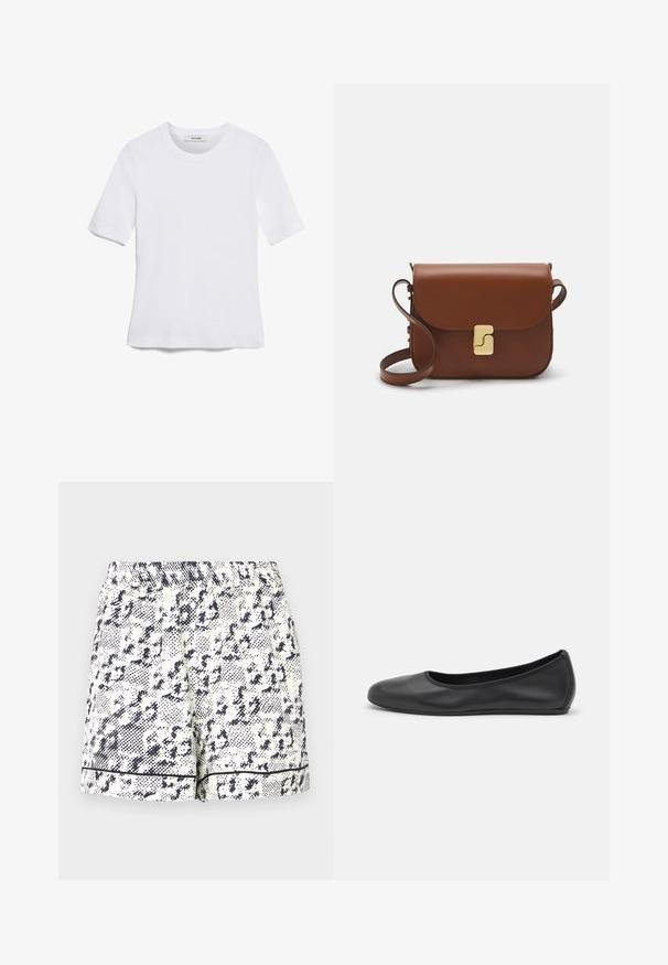 Balta īsām piedurknēm T-krekls, izgatavots no ribota auduma. Apaļš izgriezums, regulāra piegriezuma un diskrēti šuvumu detaļas. Bez printiem vai grafikām.; Balti šorti ar melnu abstraktu rakstu, elastīgu jostasvietu un vienkrāsainu melnu apdari gar malu. Izgatavoti no viegla auduma.; Melna ādas baleta kurpe ar noapaļotu purngalu, gludu tekstūru, minimālu šuvju detalizāciju un elastīgu zoles dizainu.; Bordo ādas rokas soma ar atloku, zeltītām detaļām, plecu siksnu un gludu virsmu. Kompakta, taisnstūrveida forma.