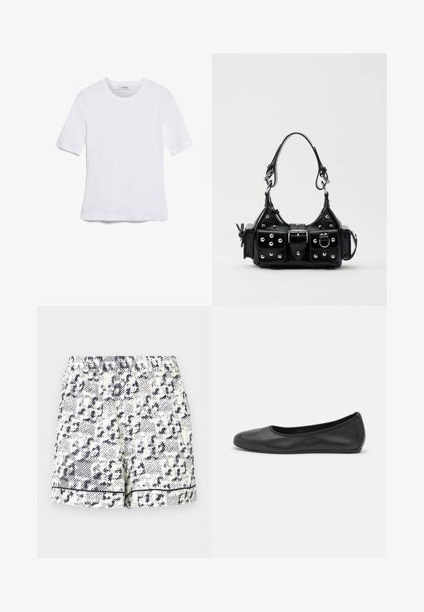 Tricou alb cu mânecă scurtă, confectionat dintr-un material texturat. Gât rotund, tăietură regulară și detalii subtile de cusătură. Fără modele sau grafice.; Shorts albe cu un model abstract negru, talie elastică și margine solidă neagră la tiv. Fabricate dintr-un material ușor.; Balerini din piele neagră, cu vârf rotund, textură netedă, detalii de cusătură minimale și un design al tălpii flexibil.; Geantă de piele neagră cu un design curbat, dotată cu studuri argintii, o cataramă și două buzunare laterale. Curea ajustabilă pentru opțiuni de transport.