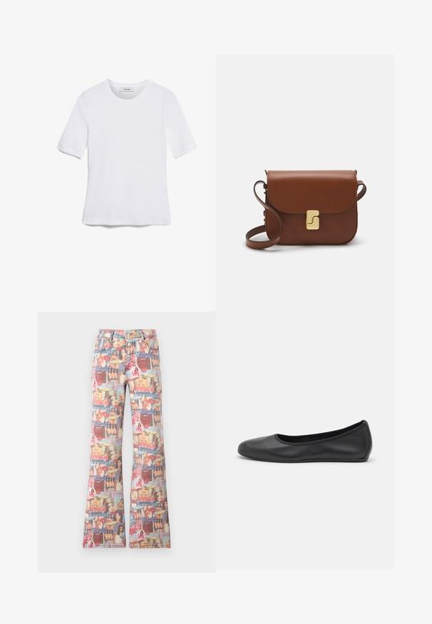 White short-sleeve t-shirt made of ribbed fabric. Round neckline, regular fit, and subtle stitching details. No patterns or graphics.; Faded denim flared pants with a collage print featuring faces, lips, and colorful graphics. Button closure and five-pocket design.; Black leather ballet flat with a rounded toe, smooth texture, minimal stitching detail, and a flexible sole design.; Brown leather handbag with a flap closure, gold-tone hardware, a shoulder strap, and a smooth texture. Compact rectangular shape.