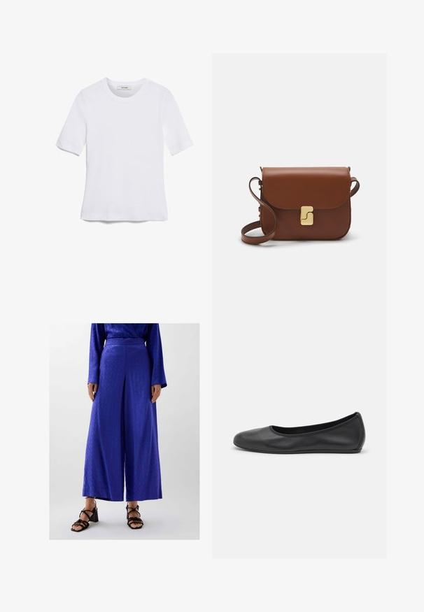 Weißes kurzärmliges T-Shirt aus geripptem Stoff. Runder Halsausschnitt, normale Passform und dezente Nähte. Keine Muster oder Grafiken.; Weite Hosen aus lebhaft blauem Stoff mit einem subtilen Muster, mit einem flachen Bund und kombiniert mit schwarzen Sandalen mit Blockabsatz und Riemchen.; Schwarze Leder-Ballettschuhe mit abgerundeter Spitze, glatter Textur, minimalen Nähdetails und einem flexiblen Sohlen-Design.; Braune Ledertasche mit Klappenverschluss, Beschlägen in Goldfarbe, einem Schultergurt und einer glatten Oberfläche. Kompakte rechteckige Form.