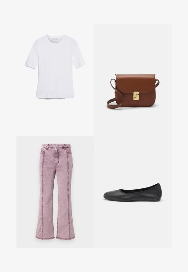 White short-sleeve t-shirt made of ribbed fabric. Round neckline, regular fit, and subtle stitching details. No patterns or graphics.; Purple denim flared jeans with a high waist, featuring visible stitching along the sides and raw hem at the bottom.; Black leather ballet flat with a rounded toe, smooth texture, minimal stitching detail, and a flexible sole design.; Brown leather handbag with a flap closure, gold-tone hardware, a shoulder strap, and a smooth texture. Compact rectangular shape.