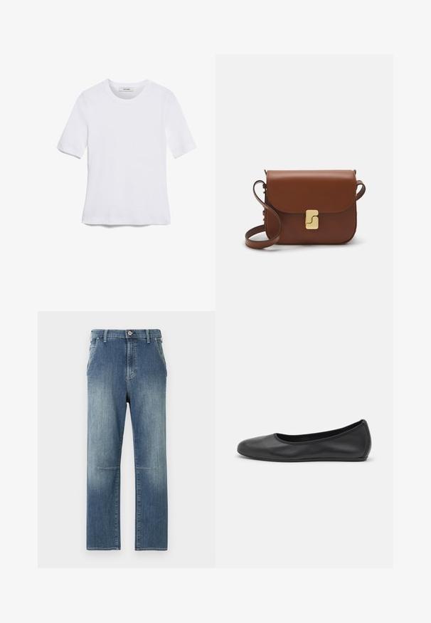 T-shirt de manga curta branca feita de tecido canelado. Decote redondo, ajuste regular e detalhes de costura subtis. Sem padrões ou gráficos.; Jeans de ganga azul claro com um design de perna reta. Apresenta bolsos frontais e um desbotamento discreto. Detalhes costurados perto da área do joelho.; Bailarina preta em pele com bico arredondado, textura suave, detalhe de costura minimalista e design de sola flexível.; Bolsa de couro castanho com fecho de aba, decoração em tom dourado, alça de ombro e textura suave. Formato retangular compacto.