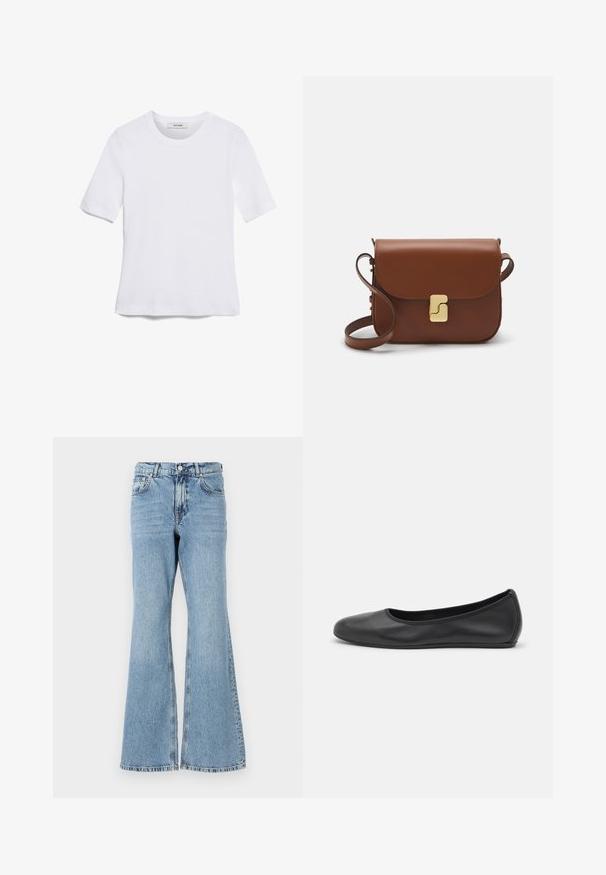 Bijela majica s kratkim rukavima izrađena od rebraste tkanine. Okrugli izrez, klasičan kroj i suptilni detalji šivanja. Bez uzoraka ili grafika.; Svijetloplave traperice s potplatom i visokim strukom, s kopčanjem na gumb, pet džepova te izblijedjelim pranjem uz suptilno izblijeđivanje.; Crne kožne baletanke s zaobljenim vrhom, glatke teksture, minimalnim detaljima šavova i fleksibilnim dizajnom potplata.; Smeđa kožna torba s preklopom, zlatnim detaljima, remenom za nošenje preko ramena i glatkom teksturom. Kompaktni pravokutni oblik.