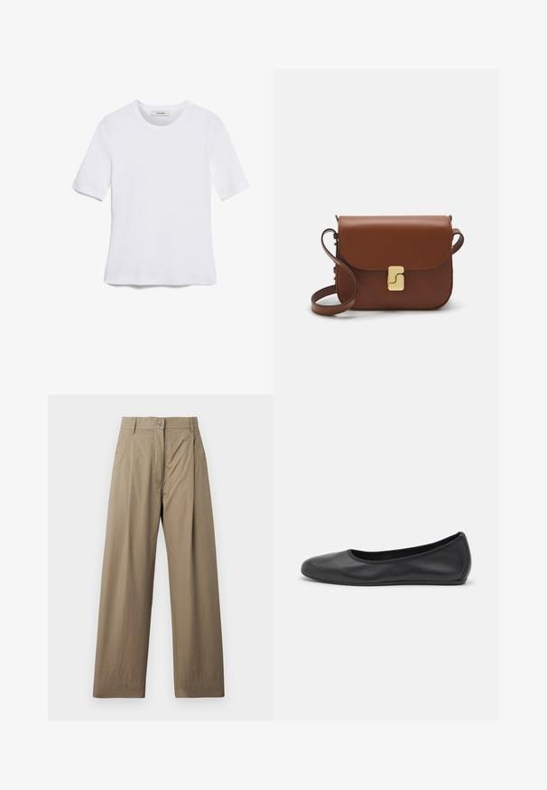 Bela kratka majica s kratkimi rokavi iz rebrastega materiala. Okrogla ovratnica, običajen kroj in subtilni šivi. Brez vzorcev ali grafik.; Khaki široke hlače iz mešanice bombaža, z gumbom za zapiranje, stranskimi žepi in gladko teksturo z rahlim sijajem.; Črne usnjene balerinke z zaobljenim nosom, gladko teksturo, minimalnimi šivi in fleksibilno zasnovo podplata.; Rjava usnjena torbica s poklopcem, zlato obarvani okovi, naramnica in gladka tekstura. Kompaktna pravokotna oblika.