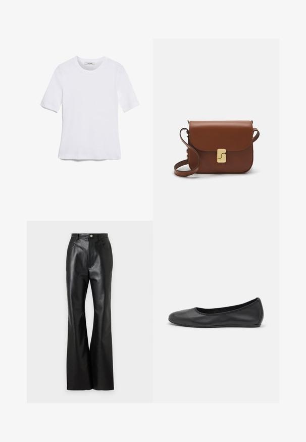 Balta trumpa rankovėmis marškinėliai, pagaminti iš pasiruošusio audinio. Apvali iškirptė, reguliari tinkamumas ir subtilūs siuvimo detalės. Be raštų ar grafikos.; Juodos odinės platus kojas kelnes su elegantišku apdaila, priekinėmis kišenėmis ir kontrastingomis siūlėmis. Su sagos uždarymu ir struktūruotu juosmeniu.; Juodai odiniai baletai su apvaliu pirštu, lygi texture, minimalus siuvimo detales ir lanksčiu padų dizainu.; Ruda odinė rankinė su uždaromu dangteliu, aukso spalvos detalėmis, petneša ir lygiu paviršiumi. Kompaktiška stačiakampio formos.