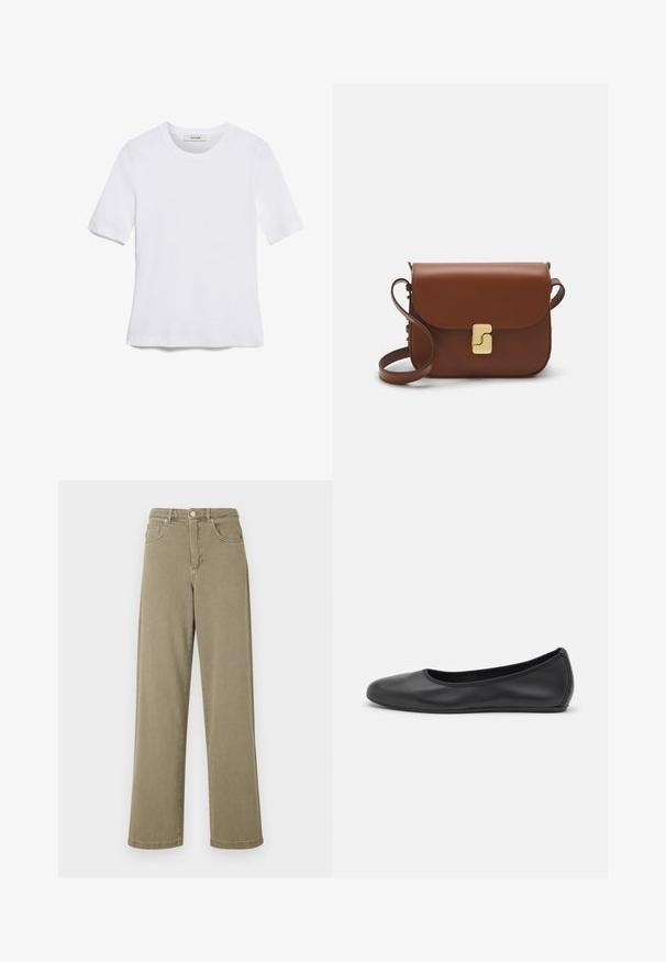 Bílá tričko s krátkým rukávem vyrobené z žebrované tkaniny. Kulatý výstřih, normální střih a jemné detaily šití. Bez vzorů nebo grafik.; Olivově zelené džíny s širokými nohavicemi vyrobené z denimu, s vysokým pasem, pěti kapsami a jemnými detaily šití.; Černé kožené baletní byty s kulatou špičkou, hladkou texturou, minimálními švy a flexibilním designem podrážky.; Hnědá kožená kabelka s klopou, zlatými kovovými detaily, ramenním popruhem a hladkým povrchem. Kompaktní obdélníkový tvar.