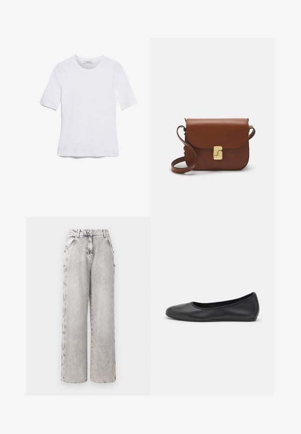 T-shirt de manga curta branca feita de tecido canelado. Decote redondo, ajuste regular e detalhes de costura subtis. Sem padrões ou gráficos.; Iro ANDREEA - Wide leg - mixed grey; Bailarina preta em pele com bico arredondado, textura suave, detalhe de costura minimalista e design de sola flexível.; Bolsa de couro castanho com fecho de aba, decoração em tom dourado, alça de ombro e textura suave. Formato retangular compacto.