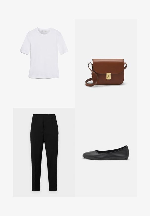 White short-sleeve t-shirt made of ribbed fabric. Round neckline, regular fit, and subtle stitching details. No patterns or graphics.; Black trousers with a tailored fit, featuring side pockets, a smooth texture, and a sleek design that tapers towards the ankle.; Black leather ballet flat with a rounded toe, smooth texture, minimal stitching detail, and a flexible sole design.; Brown leather handbag with a flap closure, gold-tone hardware, a shoulder strap, and a smooth texture. Compact rectangular shape.