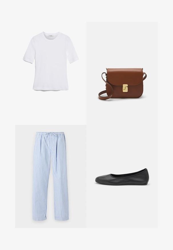 Weißes kurzärmliges T-Shirt aus geripptem Stoff. Runder Halsausschnitt, normale Passform und dezente Nähte. Keine Muster oder Grafiken.; Helle blaue und weiße gestreifte Schlafanzughosen mit einem Kordelzugbund, entspannter Passform und umgeschlagenen Säumen. Aus weichem, leichtem Stoff gefertigt.; Schwarze Leder-Ballettschuhe mit abgerundeter Spitze, glatter Textur, minimalen Nähdetails und einem flexiblen Sohlen-Design.; Braune Ledertasche mit Klappenverschluss, Beschlägen in Goldfarbe, einem Schultergurt und einer glatten Oberfläche. Kompakte rechteckige Form.