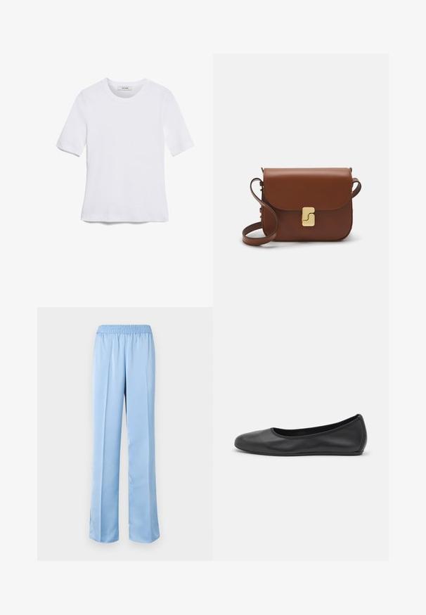 Balta īsām piedurknēm T-krekls, izgatavots no ribota auduma. Apaļš izgriezums, regulāra piegriezuma un diskrēti šuvumu detaļas. Bez printiem vai grafikām.; Gaiši zili, plata kāju bikses ar elastīgu jostu. Gluda tekstūra, vienkāršs dizains un nedaudz izplestais apakšmalas ar sānu izgriezumiem.; Melna ādas baleta kurpe ar noapaļotu purngalu, gludu tekstūru, minimālu šuvju detalizāciju un elastīgu zoles dizainu.; Bordo ādas rokas soma ar atloku, zeltītām detaļām, plecu siksnu un gludu virsmu. Kompakta, taisnstūrveida forma.