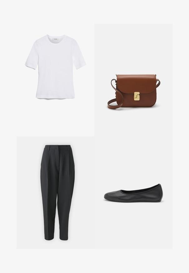 Balta īsām piedurknēm T-krekls, izgatavots no ribota auduma. Apaļš izgriezums, regulāra piegriezuma un diskrēti šuvumu detaļas. Bez printiem vai grafikām.; Melni pielāgoti bikses ar augstu jostasvietu, krokām un sašaurinātu kāju. Gluda auduma ar redzamām rakstām un rotājumiem.; Melna ādas baleta kurpe ar noapaļotu purngalu, gludu tekstūru, minimālu šuvju detalizāciju un elastīgu zoles dizainu.; Bordo ādas rokas soma ar atloku, zeltītām detaļām, plecu siksnu un gludu virsmu. Kompakta, taisnstūrveida forma.