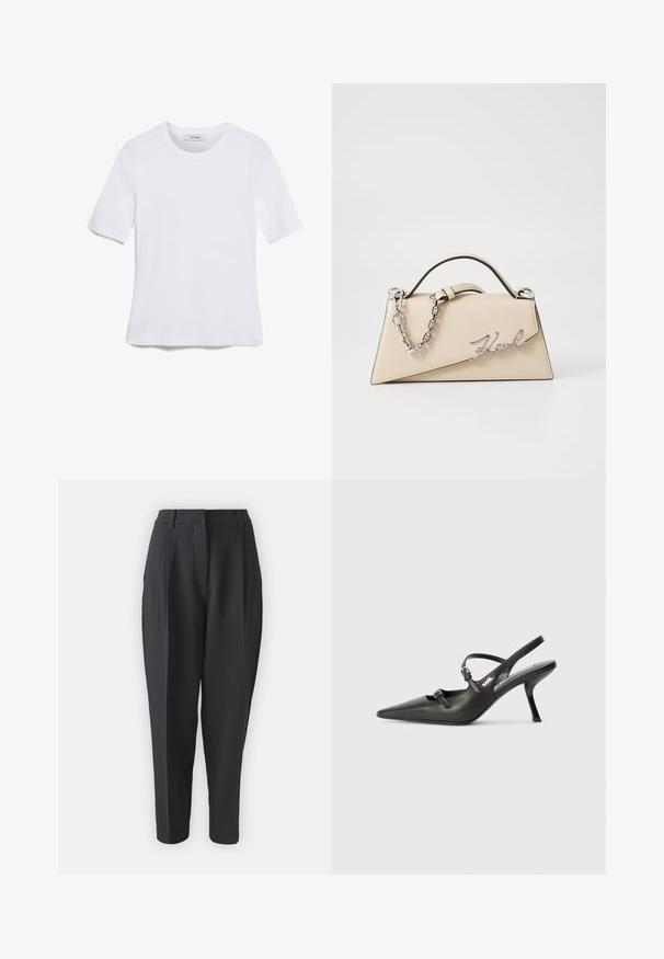 Balta īsām piedurknēm T-krekls, izgatavots no ribota auduma. Apaļš izgriezums, regulāra piegriezuma un diskrēti šuvumu detaļas. Bez printiem vai grafikām.; Melni pielāgoti bikses ar augstu jostasvietu, krokām un sašaurinātu kāju. Gluda auduma ar redzamām rakstām un rotājumiem.; Melnas ādas slingback papēži ar norādītu purngalu, izsmalcinātu papēdi un dekoratīvu sprādzi uz priekšpuses. Gluda tekstūra un elegants dizains.; Bežs ādas roku soma ar strukturētu, trīsstūrveida formu, piedāvā sudraba ķēdes rokturi un kursīva metāla logotipu.