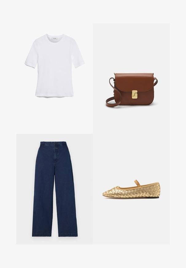 Bílá tričko s krátkým rukávem vyrobené z žebrované tkaniny. Kulatý výstřih, normální střih a jemné detaily šití. Bez vzorů nebo grafik.; Džínové kalhoty s širokým střihem, tmavě námořnická modř, s vysokým pasem a předním zapínáním na knoflík, včetně bočních kapes. Měkká textura s minimálním zdobením.; Loeffler Randall LEONIE SOFT BALLET FLAT - Baleríny s páskem - gold; Hnědá kožená kabelka s klopou, zlatými kovovými detaily, ramenním popruhem a hladkým povrchem. Kompaktní obdélníkový tvar.