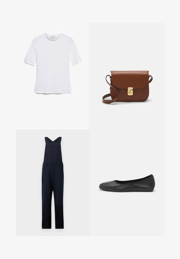 White short-sleeve t-shirt made of ribbed fabric. Round neckline, regular fit, and subtle stitching details. No patterns or graphics.; Navy blue overall jumpsuit made of smooth fabric, featuring cross-back straps, wide legs, and side pockets. Simple, clean design.; Black leather ballet flat with a rounded toe, smooth texture, minimal stitching detail, and a flexible sole design.; Brown leather handbag with a flap closure, gold-tone hardware, a shoulder strap, and a smooth texture. Compact rectangular shape.