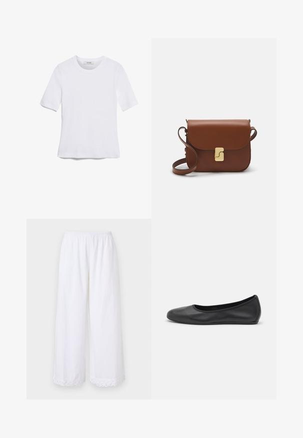 White short-sleeve t-shirt made of ribbed fabric. Round neckline, regular fit, and subtle stitching details. No patterns or graphics.; By Malene Birger LUISA - Trousers - soft white; Black leather ballet flat with a rounded toe, smooth texture, minimal stitching detail, and a flexible sole design.; Brown leather handbag with a flap closure, gold-tone hardware, a shoulder strap, and a smooth texture. Compact rectangular shape.
