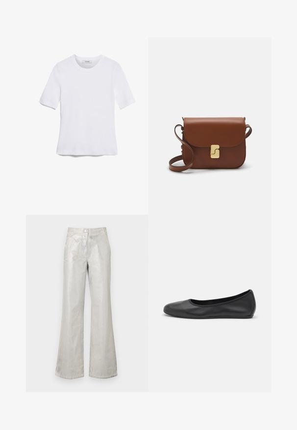 Fehér, rövid ujjú póló ribbed anyagból. Kerek nyakkivágás, normál szabás és diszkrét varrási részletek. Nincsenek minták vagy grafikák.; Fényes anyagból készült ezüstös bővülő nadrág, elülső gombos záródással, két zsebbel és látható varrási részletekkel.; Fekete bőr balettcipő lekerekített orral, sima tekstúrával, minimális varrással és rugalmas talp kialakítással.; Barna bőr kézitáska, hajtókás zárással, arany színű fém kiegészítőkkel, vállpánttal és sima felülettel. Kompakt téglalap alakú.