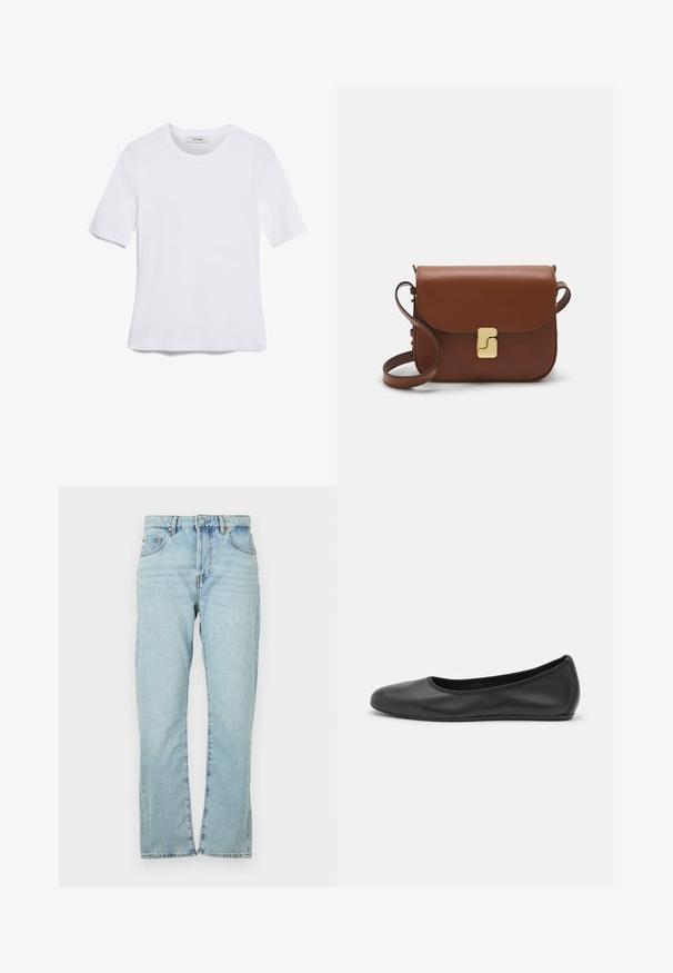 T-shirt de manga curta branca feita de tecido canelado. Decote redondo, ajuste regular e detalhes de costura subtis. Sem padrões ou gráficos.; Jeans de ganga azul claro com um design de perna reta. Apresenta cinco bolsos, fecho de botão de metal e uma textura ligeiramente desbotada.; Bailarina preta em pele com bico arredondado, textura suave, detalhe de costura minimalista e design de sola flexível.; Bolsa de couro castanho com fecho de aba, decoração em tom dourado, alça de ombro e textura suave. Formato retangular compacto.