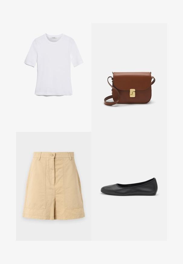 Bela kratka majica s kratkimi rokavi iz rebrastega materiala. Okrogla ovratnica, običajen kroj in subtilni šivi. Brez vzorcev ali grafik.; Beige bombažne kratke hlače z visokim pasom, sprednjim gumbom, zankami za pas in dvema sprednjima žepoma. Gladka tekstura in skrbno oblikovana zasnova.; Črne usnjene balerinke z zaobljenim nosom, gladko teksturo, minimalnimi šivi in fleksibilno zasnovo podplata.; Rjava usnjena torbica s poklopcem, zlato obarvani okovi, naramnica in gladka tekstura. Kompaktna pravokotna oblika.