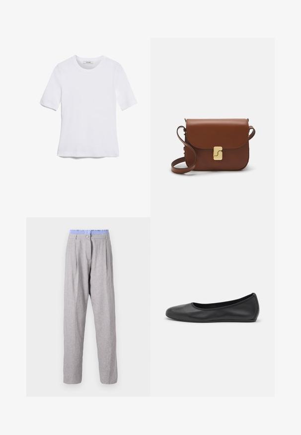Bela kratka majica s kratkimi rokavi iz rebrastega materiala. Okrogla ovratnica, običajen kroj in subtilni šivi. Brez vzorcev ali grafik.; Svijetlosivi laneni hlače s plićkom, plavi pojačani pojas, suženi kroj i kopčanje na dugme. Glatka tekstura, lagani materijal.; Črne usnjene balerinke z zaobljenim nosom, gladko teksturo, minimalnimi šivi in fleksibilno zasnovo podplata.; Rjava usnjena torbica s poklopcem, zlato obarvani okovi, naramnica in gladka tekstura. Kompaktna pravokotna oblika.