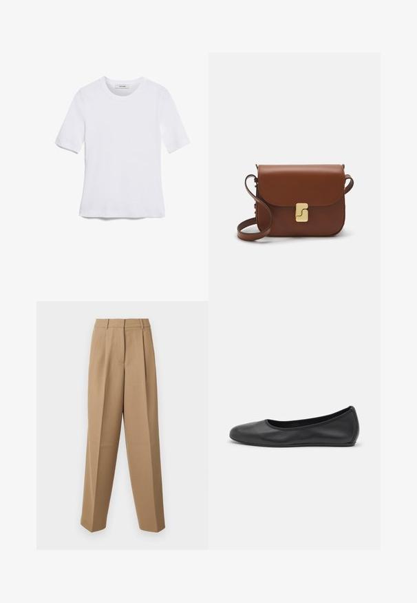 Camiseta de manga corta blanca hecha de tela de canalé. Cuello redondo, corte regular y detalles de costura sutiles. Sin patrones ni gráficos.; Pantalones de sastre beige con cintura alta, frente plisado y corte de pierna ancha. La tela parece suave con un ligero brillo.; Bailarina de piel negra con punta redondeada, textura suave, detalle de costura minimalista y diseño de suela flexible.; Bolso de mano de cuero marrón con cierre de solapa, herrajes en tono dorado, correa para el hombro y una textura suave. Forma rectangular compacta.