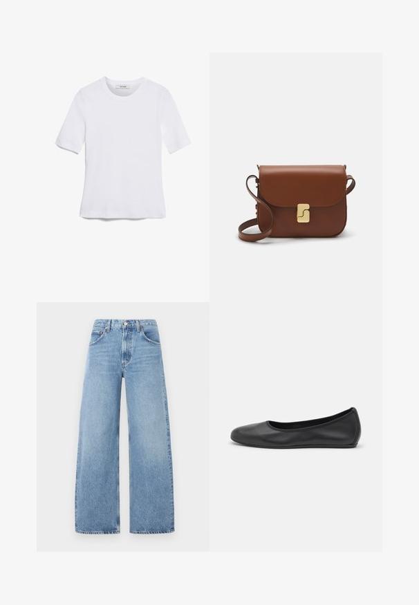 T-shirt de manga curta branca feita de tecido canelado. Decote redondo, ajuste regular e detalhes de costura subtis. Sem padrões ou gráficos.; Calças jeans largas de um azul claro, feitas de denim, com uma cintura alta, cinco bolsos e costura em contraste. Sem desgastes visíveis ou adornos.; Bailarina preta em pele com bico arredondado, textura suave, detalhe de costura minimalista e design de sola flexível.; Bolsa de couro castanho com fecho de aba, decoração em tom dourado, alça de ombro e textura suave. Formato retangular compacto.