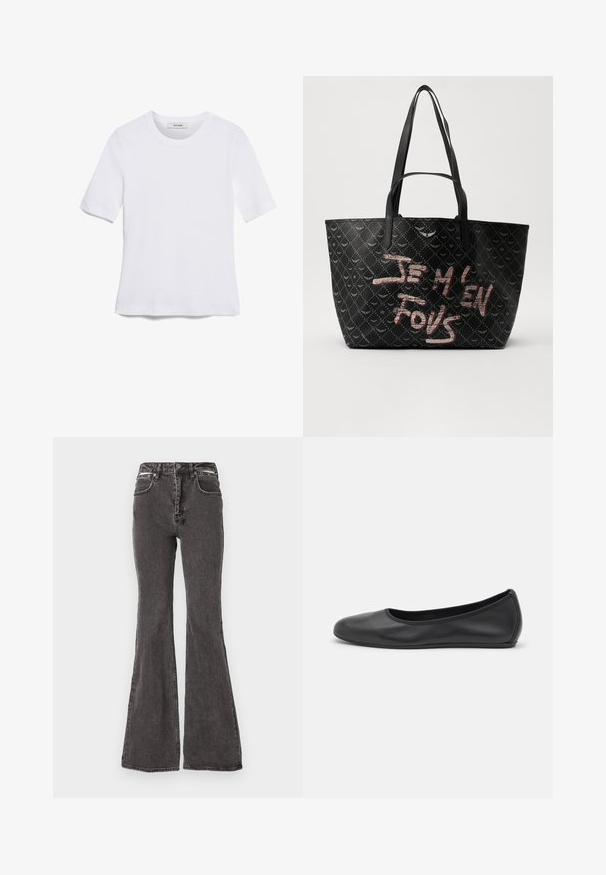 Camiseta de manga corta blanca hecha de tela de canalé. Cuello redondo, corte regular y detalles de costura sutiles. Sin patrones ni gráficos.; Jeans negros de campana hechos de denim con una textura desgastada, que presentan bolsillos frontales, pasadores para el cinturón y herrajes metálicos como acentos en la cintura.; Bailarina de piel negra con punta redondeada, textura suave, detalle de costura minimalista y diseño de suela flexible.; Bolsa tote negra con material texturizado que presenta un patrón de diamantes, asas para el hombro y un texto en rojo y blanco que dice “JE M'EN FOUS.”