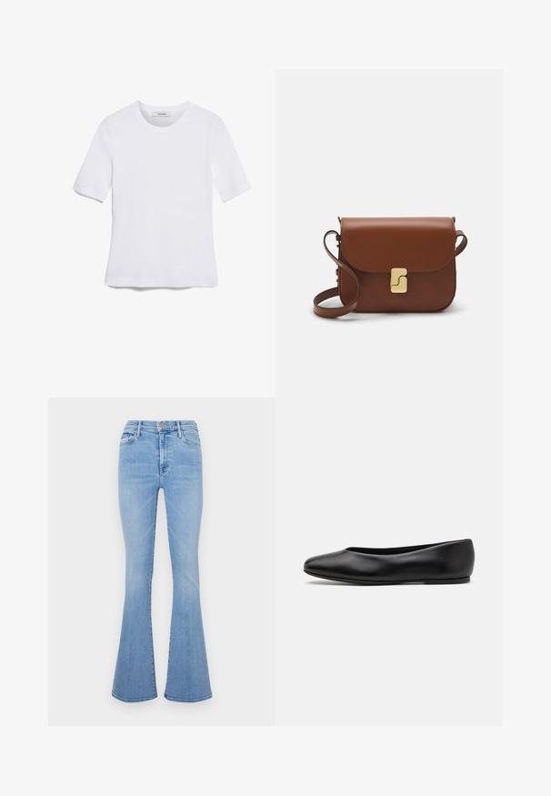 White short-sleeve t-shirt made of ribbed fabric. Round neckline, regular fit, and subtle stitching details. No patterns or graphics.; Light blue flared jeans with a high waist, crafted from denim fabric, featuring front pockets and a subtle faded texture.; Paul Smith TOPANGA - Ballet pumps - black; Brown leather handbag with a flap closure, gold-tone hardware, a shoulder strap, and a smooth texture. Compact rectangular shape.