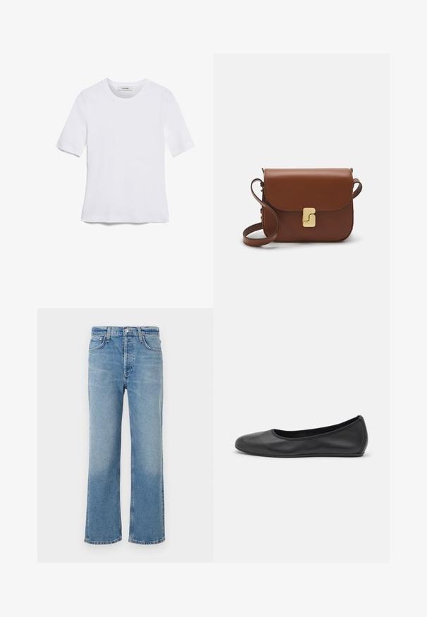 T-shirt de manga curta branca feita de tecido canelado. Decote redondo, ajuste regular e detalhes de costura subtis. Sem padrões ou gráficos.; Calças de ganga azul claro com um corte reto, apresentando uma cintura alta, cinco bolsos e um acabamento clássico, ligeiramente desbotado.; Bailarina preta em pele com bico arredondado, textura suave, detalhe de costura minimalista e design de sola flexível.; Bolsa de couro castanho com fecho de aba, decoração em tom dourado, alça de ombro e textura suave. Formato retangular compacto.