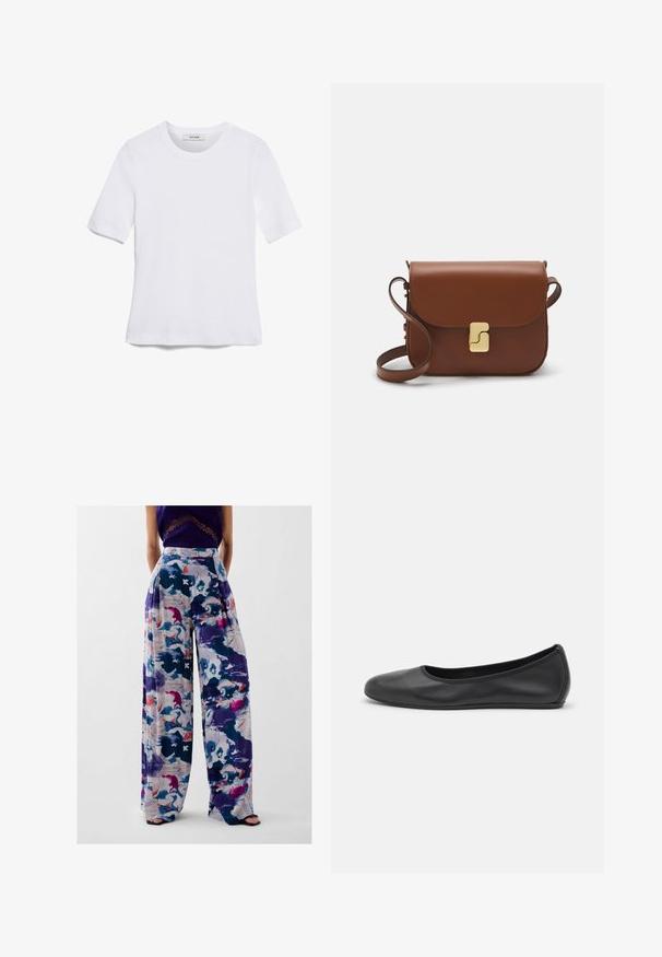 Weißes kurzärmliges T-Shirt aus geripptem Stoff. Runder Halsausschnitt, normale Passform und dezente Nähte. Keine Muster oder Grafiken.; Hochtaillierte, weit geschnittene Hosen mit einem bunten abstrakten Muster in verschiedenen Tönen von Lila, Blau, Rosa und Weiß sowie einem plissierten Design.; Schwarze Leder-Ballettschuhe mit abgerundeter Spitze, glatter Textur, minimalen Nähdetails und einem flexiblen Sohlen-Design.; Braune Ledertasche mit Klappenverschluss, Beschlägen in Goldfarbe, einem Schultergurt und einer glatten Oberfläche. Kompakte rechteckige Form.