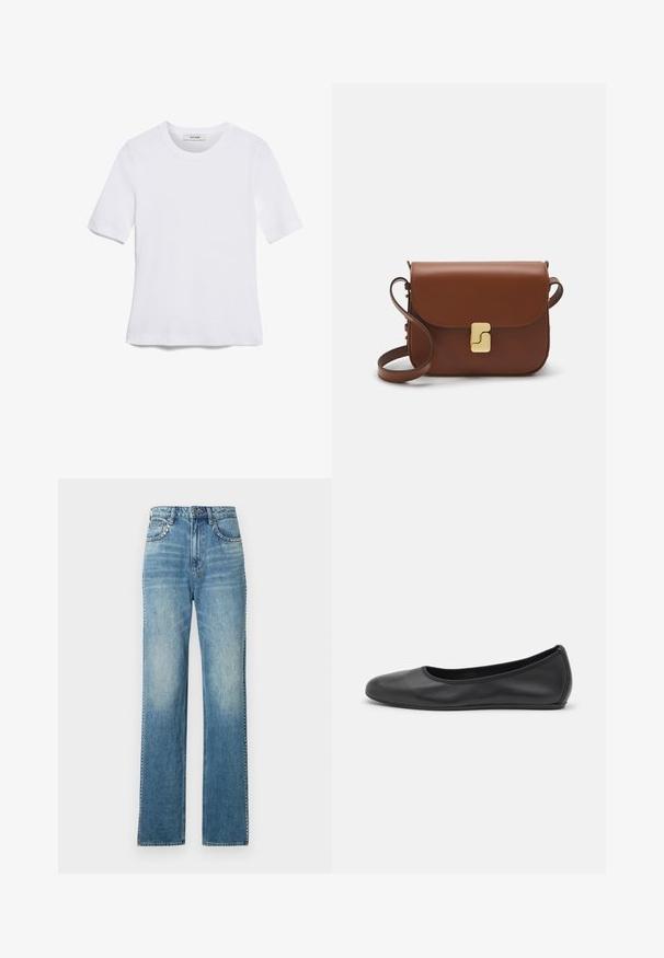 Witte korte mouwen t-shirt van ribstof. Ronde halslijn, normale pasvorm en subtiele stiksels. Geen patronen of grafische elementen.; Lichtblauwe denim wijde jeans met een vervaagde afwerking, voorzien van vijf zakken, een knoopsluiting en contrasterende stiksels.; Zwarte leren ballerina met een ronde neus, gladde textuur, minimale stikdetails en een flexibele zoolontwerp.; Bruine leren handtas met een klep sluiting, gouden hardware, een schouderband en een gladde textuur. Compact rechthoekige vorm.