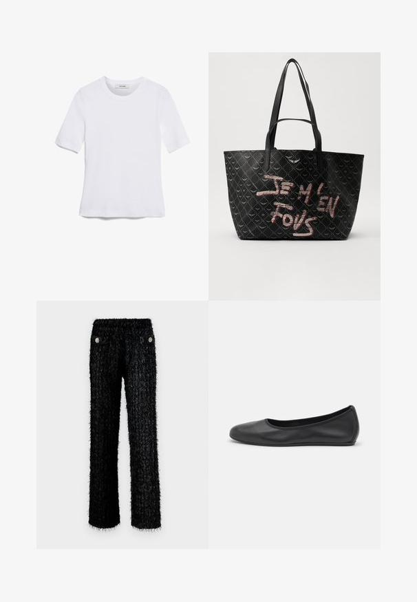 Biała koszulka krótki rękaw wykonana z materiału prążkowanego. Okrągły dekolt, regularny krój i subtelne detale szwów. Bez wzorów ani grafik.; Czarne futrzaste spodnie z teksturowanym wzorem, z wysokim stanem i dwiema przednimi kieszeniami ozdobionymi okrągłymi kwiatowymi aplikacjami.; Czarne skórzane baletki z zaokrąglonym noskiem, gładką fakturą, minimalnymi przeszyciami i elastycznym designem podeszwy.; Czarna torba tote z teksturowanym materiałem, ozdobiona wzorem w diamenty, z ramiączkami na ramię oraz wyraźnym tekstem w kolorze czerwonym i białym, brzmiącym "JE M'EN FOUS."