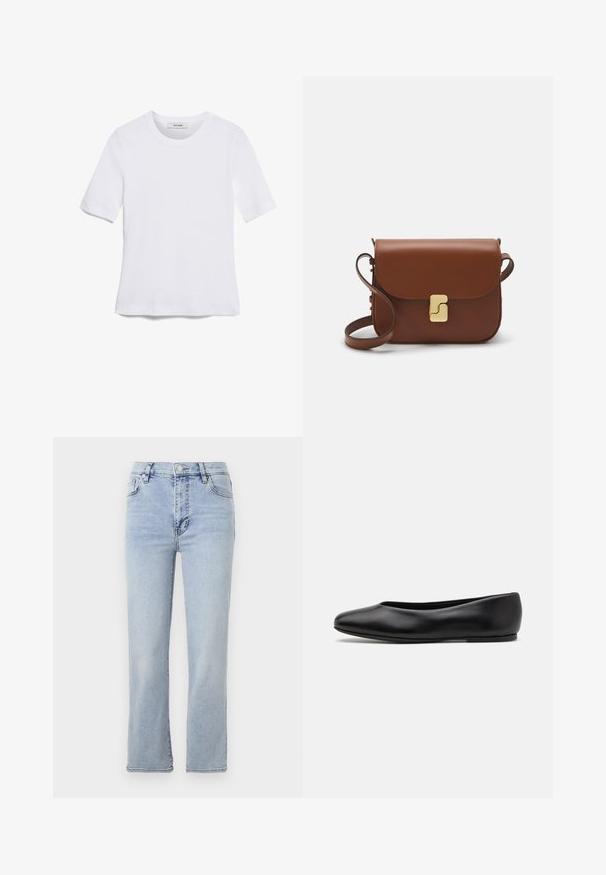 Bela kratka majica s kratkimi rokavi iz rebrastega materiala. Okrogla ovratnica, običajen kroj in subtilni šivi. Brez vzorcev ali grafik.; Svijetloslijepe traperice s ravnim nogavicama, pet džepova, kopčom na gumb i patentni zatvarač, te vidljivim šavovima.; Paul Smith TOPANGA - Balerinke - black; Rjava usnjena torbica s poklopcem, zlato obarvani okovi, naramnica in gladka tekstura. Kompaktna pravokotna oblika.