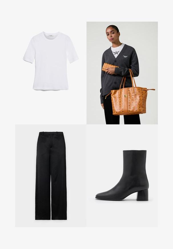 Weißes kurzärmliges T-Shirt aus geripptem Stoff. Runder Halsausschnitt, normale Passform und dezente Nähte. Keine Muster oder Grafiken.; Schwarze, weit geschnittene Hosen aus einem leichten, strukturierten Stoff. Mit einem glatten Bund mit Gürtelschlaufen und einer geraden, fließenden Silhouette.; Schwarze Leder-Ankle-Boots mit spitzer Zehenpartie und einem klobigen, quadratischen Absatz. Glatte Textur mit nahtlosem Design und minimalistischem Nähen.; Frau in einem dunkelgrauen Cardigan und weißem Hemd, die eine sandfarbene Leder-Tasche und ein passendes Portemonnaie mit Logo-Druck hält.