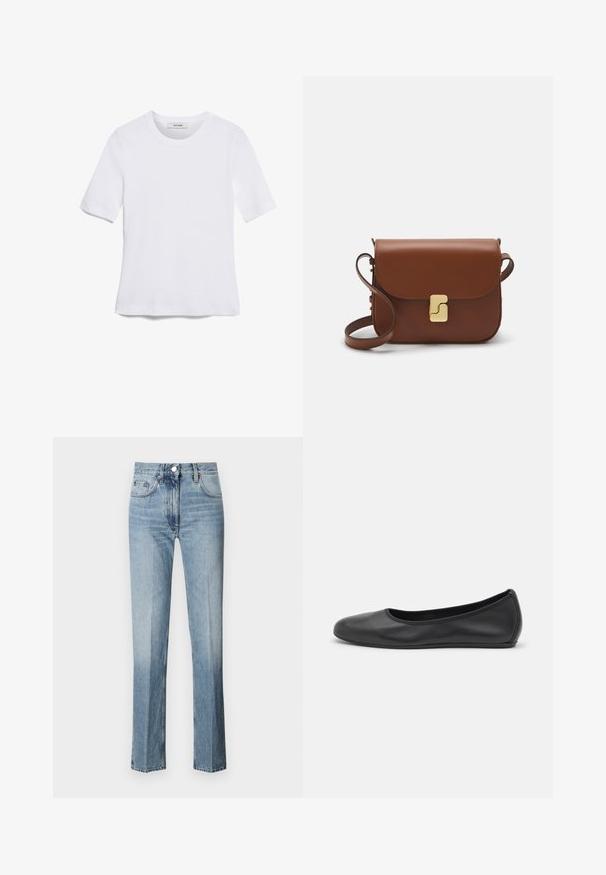 Tricou alb cu mânecă scurtă, confectionat dintr-un material texturat. Gât rotund, tăietură regulară și detalii subtile de cusătură. Fără modele sau grafice.; Jeans din denim albastru deschis cu talie înaltă, design cu picior drept și estompare subtilă. Prezintă o închidere cu buton și un stil clasic cu cinci buzunare.; Balerini din piele neagră, cu vârf rotund, textură netedă, detalii de cusătură minimale și un design al tălpii flexibil.; Geantă de piele maro cu închidere tip capac, accesorii de culoare aurie, curea de umăr și o textură netedă. Formă compactă și rectangulară.
