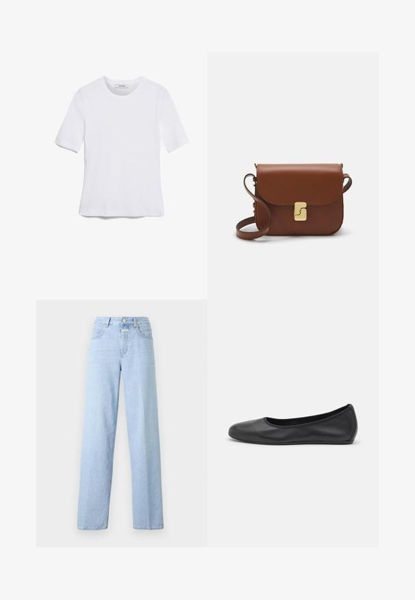Camiseta de manga corta blanca hecha de tela de canalé. Cuello redondo, corte regular y detalles de costura sutiles. Sin patrones ni gráficos.; Jeans de tiro alto azul claro con corte recto. Hechos de denin, cuentan con cinco bolsillos y un cierre delantero con botón. Diseño minimalista.; Bailarina de piel negra con punta redondeada, textura suave, detalle de costura minimalista y diseño de suela flexible.; Bolso de mano de cuero marrón con cierre de solapa, herrajes en tono dorado, correa para el hombro y una textura suave. Forma rectangular compacta.