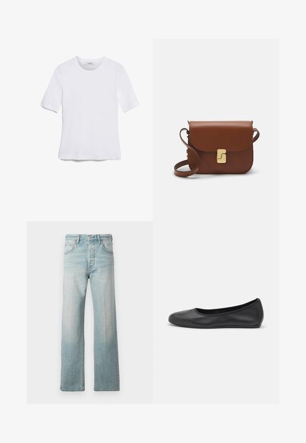 Balta trumpa rankovėmis marškinėliai, pagaminti iš pasiruošusio audinio. Apvali iškirptė, reguliari tinkamumas ir subtilūs siuvimo detalės. Be raštų ar grafikos.; Šviesiai mėlynos džinsinės kelnės su tiesiais kojų kirpimu, aukštu liemeniu, priekinėmis kišenėmis ir nusidėvėjusia tekstūra. Baigtos subtilia siuvinėta liemens juosta.; Juodai odiniai baletai su apvaliu pirštu, lygi texture, minimalus siuvimo detales ir lanksčiu padų dizainu.; Ruda odinė rankinė su uždaromu dangteliu, aukso spalvos detalėmis, petneša ir lygiu paviršiumi. Kompaktiška stačiakampio formos.