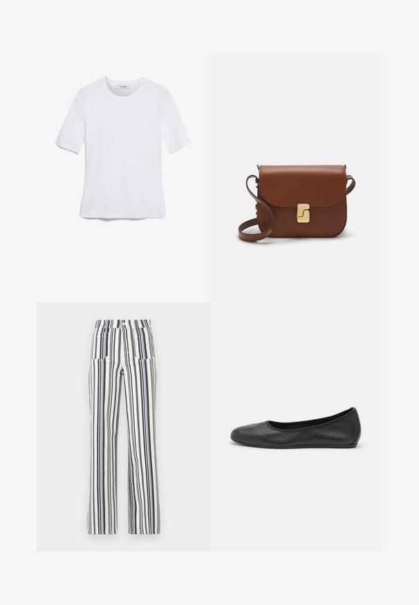 Balta trumpa rankovėmis marškinėliai, pagaminti iš pasiruošusio audinio. Apvali iškirptė, reguliari tinkamumas ir subtilūs siuvimo detalės. Be raštų ar grafikos.; Navy ir baltos dryžuotos kelnės, su aukštu liemeniu ir plačiomis kojomis, pagamintos iš lengvos medžiagos su lygiu paviršiumi.; Juodai odiniai baletai su apvaliu pirštu, lygi texture, minimalus siuvimo detales ir lanksčiu padų dizainu.; Ruda odinė rankinė su uždaromu dangteliu, aukso spalvos detalėmis, petneša ir lygiu paviršiumi. Kompaktiška stačiakampio formos.