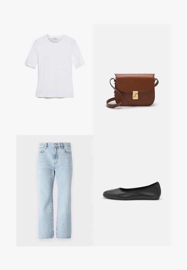 Valge lühikeste varrukatega T-särk ribatud kangast. Ümara kaelusega, tavalisest sobivusest ja peente õmbluse detailidega. Ilma mustrite või graafikateta.; Heledad sinise denimi teksad, sirge sääre disainiga, keskmise kõrgusega talje, ees olevate taskutega ja narmastega hemiga. Klassikaline viie tasku stiil.; Musthave mustika tantsutossud mustast nahast, ümmarguse varbaga, siledast tekstuurist, minimaalse õmblusdetailiga ja paindliku tallakujundusega.; Pruunist nahast käekott, millel on klapiga sulgur, kuldne riistvara, õlarihm ja sile tekstuur. Kompaktne ristkülikukujuline vorm.